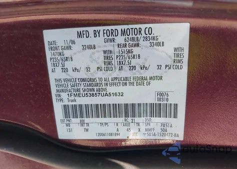 2007 Ford Explorer Sport Trac Limited z USA, uszkodzony, nr VIN 1FMEU53857UA51632